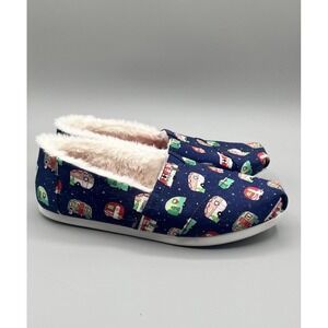 Toms X Paper Source Alparhata Blue Holiday Camper Faux Fur Slip-On Flats 7.5 NEW